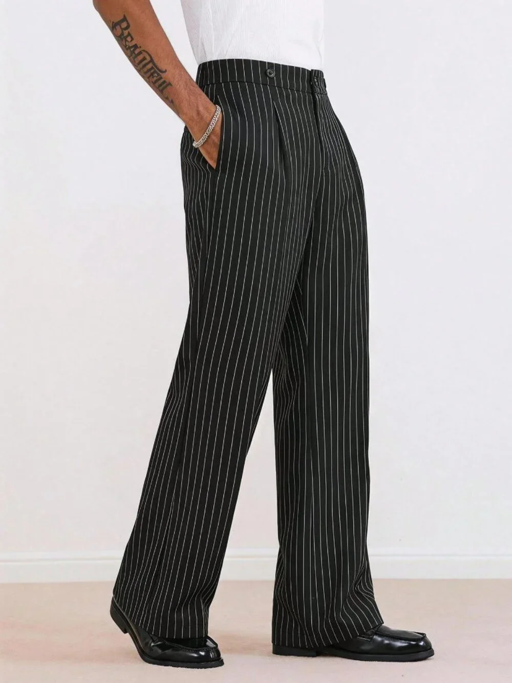 Black Casual Men's Striped Casual Long Pants With Pockets